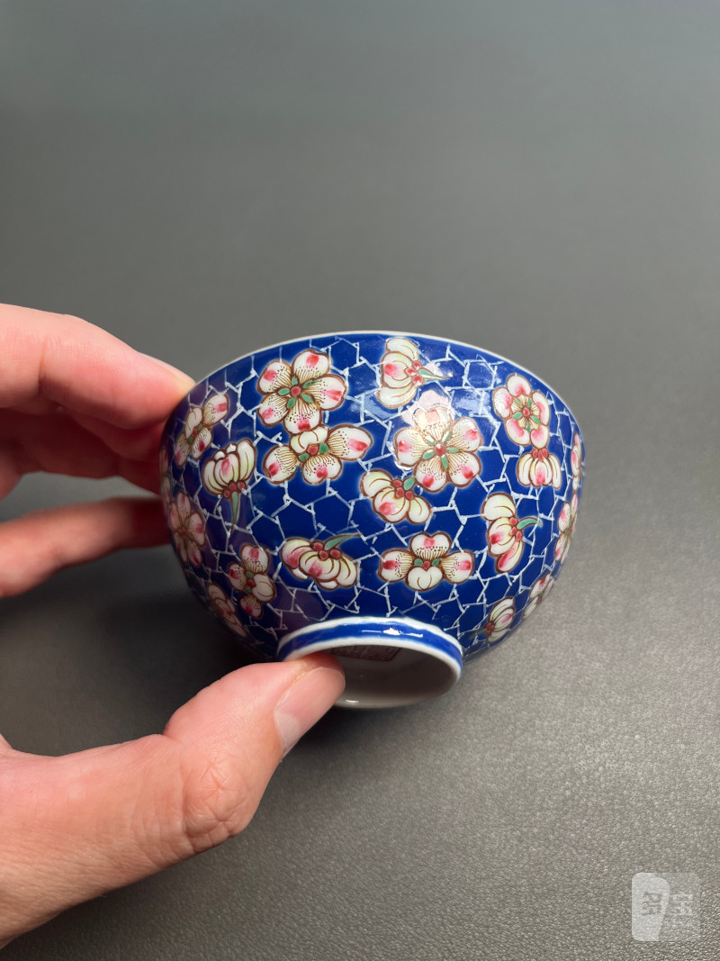 清道光  蓝料地珐琅彩冰梅纹茶圆（一对） - 图9